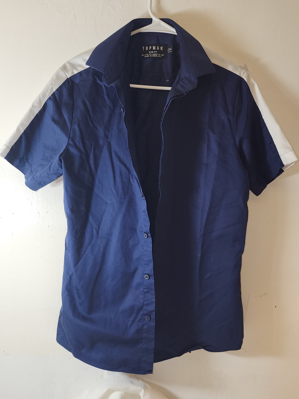 Topman Navy Short Sleeve Button-Up Shirt with White Shoulder Panels